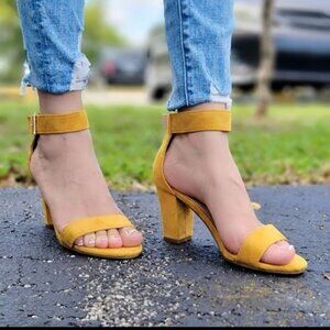 Mustard Yellow Womens Suede Block Heel Sandals with Ankle Strap & Side Buckle